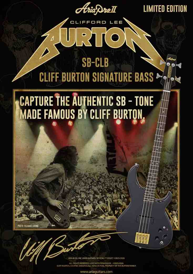 Aria Pro II SB-CLB Cliff Burton Signature Bass reissue with gold hardware and black finish, showcased for NAMM 2026