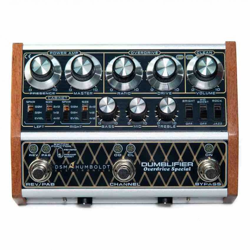 Top-down view of the DSM & Humboldt Dumblifier Overdrive Special guitar pedal, featuring its sandblasted aluminum enclosure, premium wooden side panels, and comprehensive control layout for analog amplifier modeling.