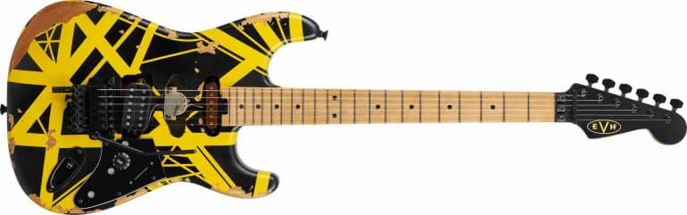 EVH Striped Series Frankenstein Frankie Electric Guitar in Aged Black and Yellow Stripes with distressed hardware.