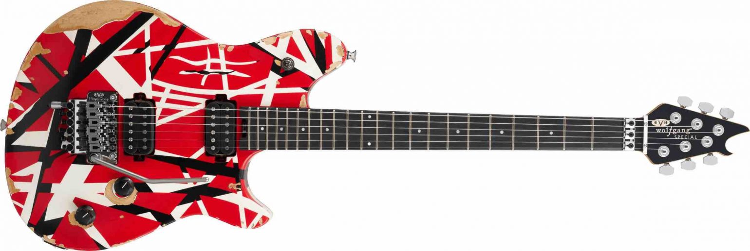 EVH Limited Edition Wolfgang Special Striped Series electric guitar in aged Red, Black, and White stripes with arched basswood body.