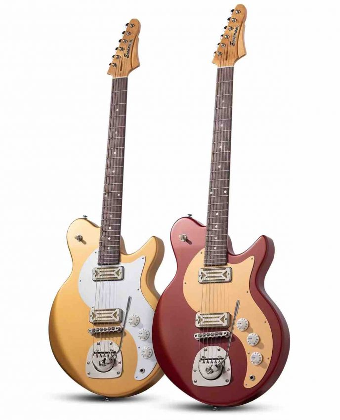 Two Eastman FullerTone Offset guitars displayed side-by-side in Gold and Dakota Red finishes, highlighting the modern ergonomic contours and boutique hardware