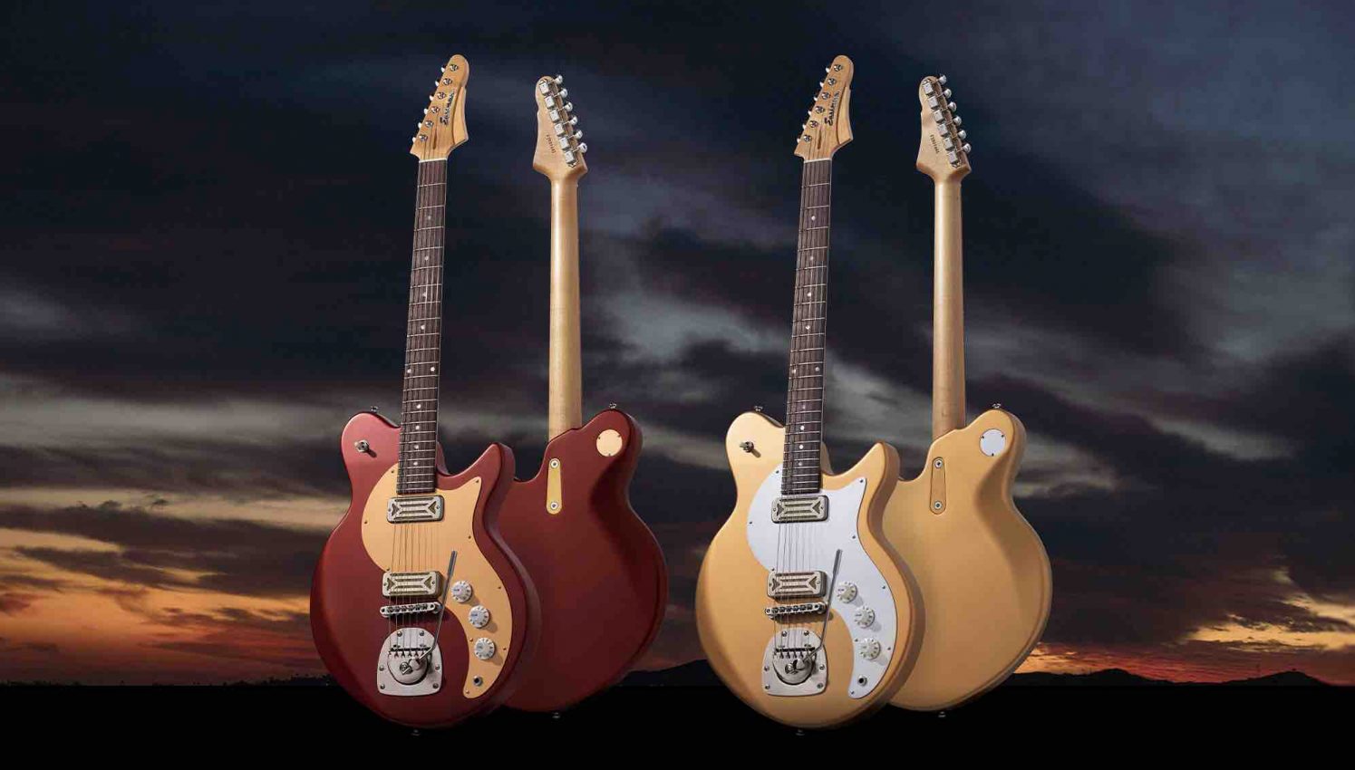 Two Eastman FullerTone Offset guitars displayed side-by-side in Gold and Dakota Red finishes, highlighting the modern ergonomic contours and boutique hardware