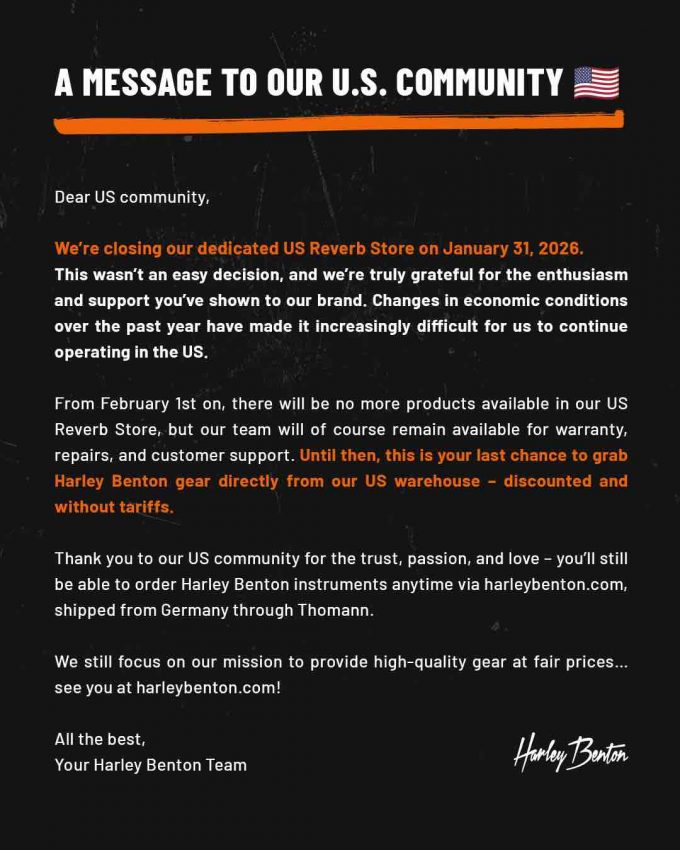 Harley Benton to Close US Reverb Store