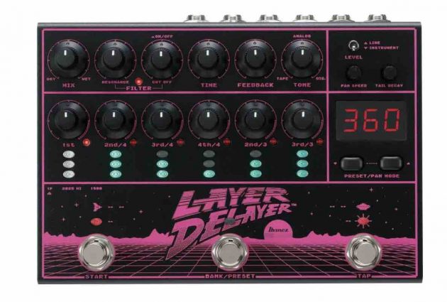 Top-down view of the Ibanez Layer Delayer stereo delay pedal featuring multiple control knobs, sliding level faders for individual repeats, and a sleek metallic chassis.