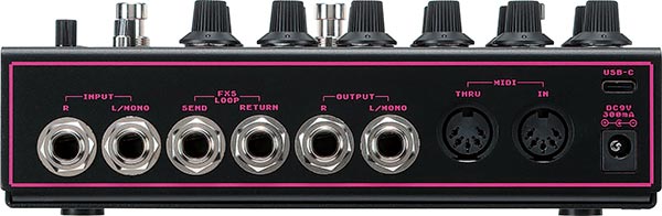 Rear view of the Ibanez Layer Delayer stereo delay pedal featuring Inputs, Outputs and USB-C