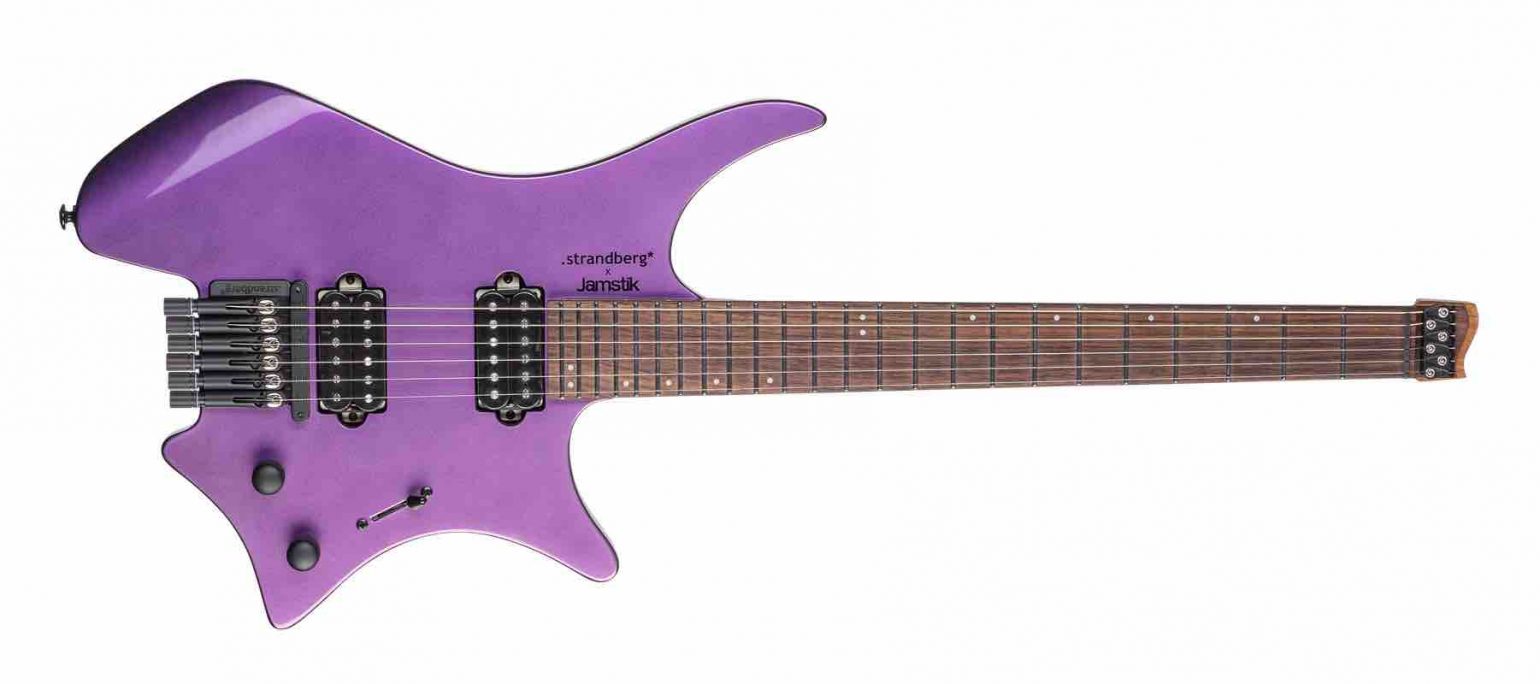 .strandberg x Jamstik Chameleon headless MIDI guitar in color-shifting Chameleon Burst finish with roasted maple neck and stainless steel frets.