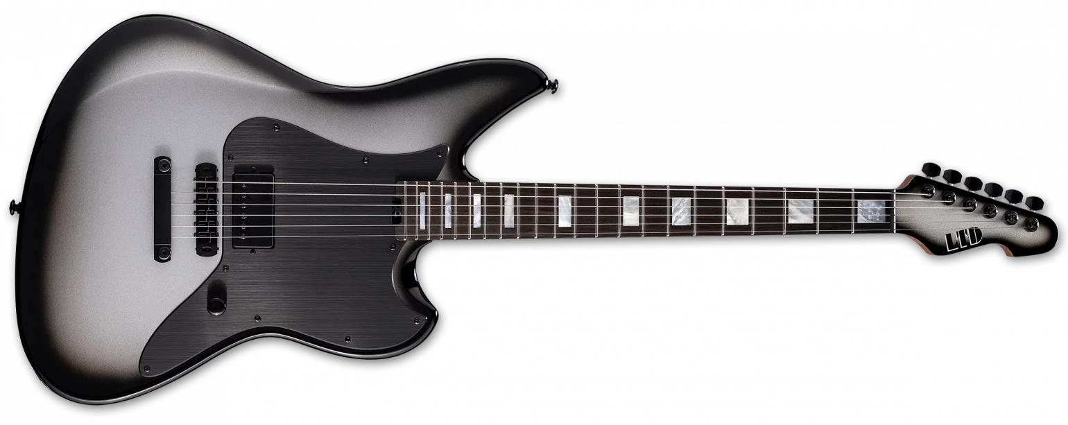 ESP LTD Joe Duplantier Signature JD-I electric guitar in Silver Sunburst featuring a single DiMarzio bridge pickup, Macassar ebony fingerboard with block inlays, and sleek black hardware.