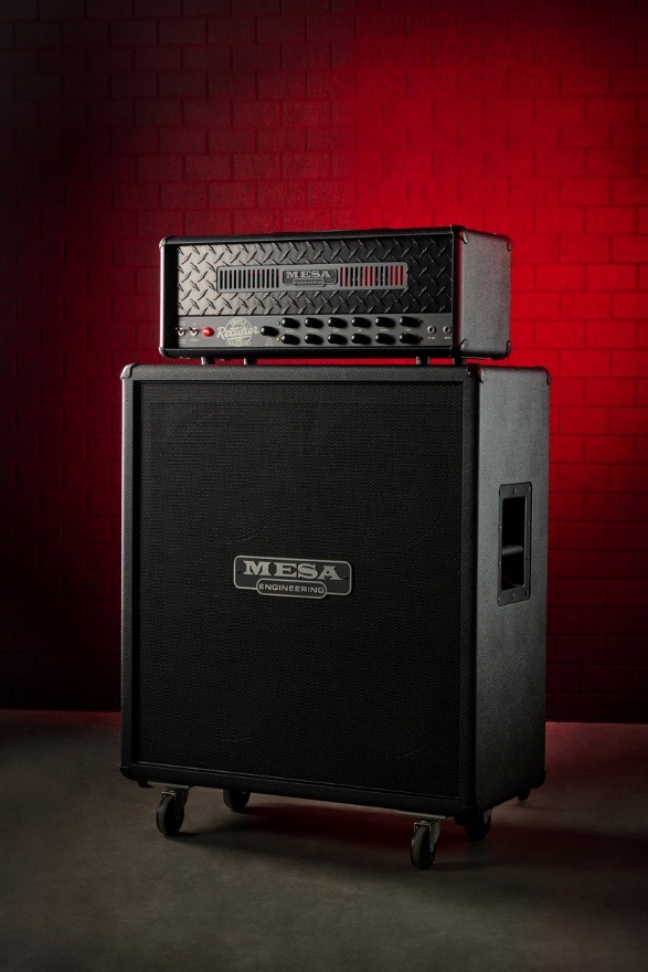 Front view of the 2026 MESA/Boogie 90s Triple Rectifier reissue showing the blackout chassis, black diamond plate front panel, and black speed knobs.