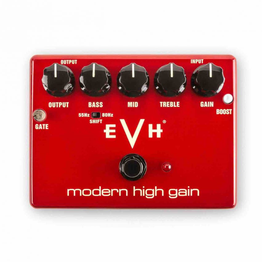 The MXR EVH Modern High Gain Distortion pedal featuring a sleek black finish, 3-band EQ, Noise Gate knob, and blue Boost indicator light.