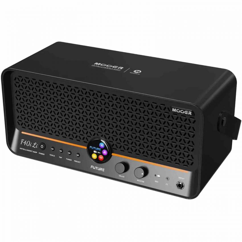 Mooer F40i intelligent desktop guitar amplifier in Phantom Black featuring a circular touchscreen and dual 4-inch speakers.