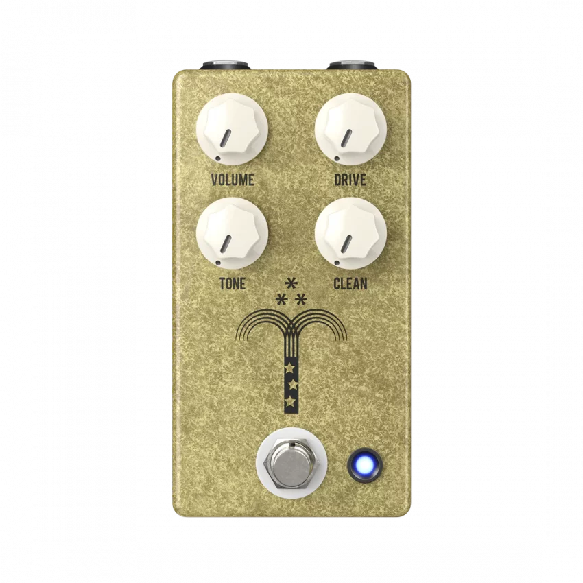 Top-down view of the JHS Morning Glory Clean transparent overdrive pedal featuring gold enclosure, clean blend knob, and top-mounted jacks.