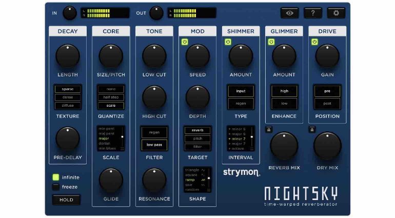 Top-down view of the Strymon NightSky plugin interface showing the 'Reverberant Synthesis' controls, including the 8-step sequencer, shimmer section, and the multi-waveform LFO modulation panel.