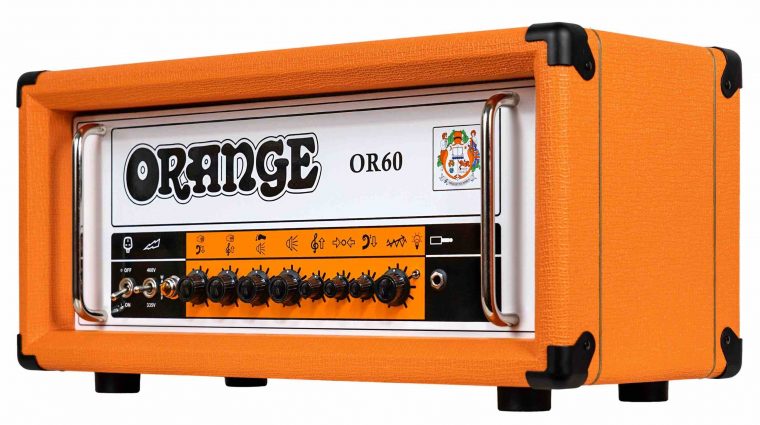 Close-up of Orange OR60 amplifier front panel showing vintage-style knobs and British-built craftsmanship.