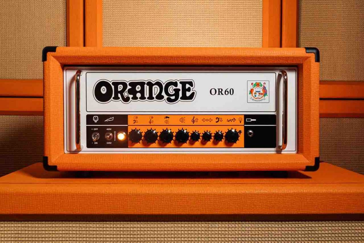 Close-up of Orange OR60 amplifier front panel showing vintage-style knobs and British-built craftsmanship.