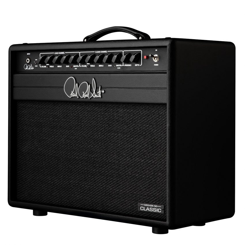 Front view of the PRS Archon Classic 50W 1x12 Valve Amp Combo featuring black textured vinyl, retro-inspired control knobs, and the iconic PRS signature logo.