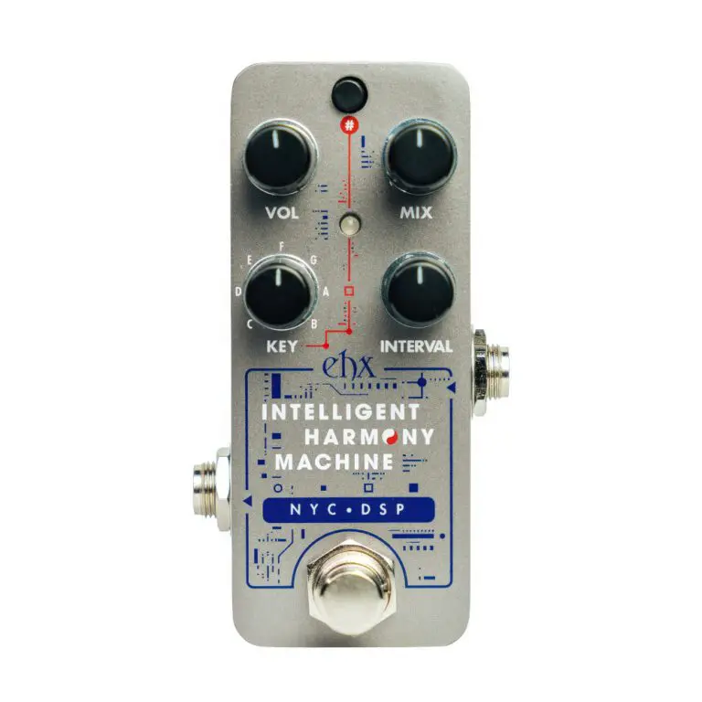Top-down view of the compact Electro-Harmonix Pico Intelligent Harmony Machine pedal, featuring its white chassis, blue control knobs, and # button on a clean background.