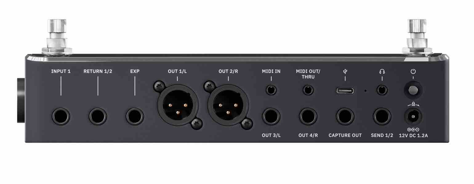 Rear view of the Quad Cortex Mini highlighting the USB-C port, locking power connector, and compact I/O for touring rigs.