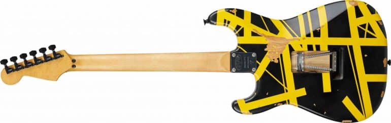 EVH Striped Series Frankenstein Frankie Electric Guitar in Aged Black and Yellow Stripes with distressed hardware.