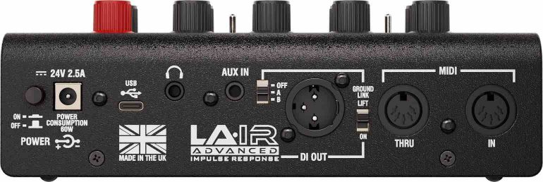 Close-up of the Laney Supergrace pedal featuring USB-C, MIDI, and XLR outputs for professional guitar rigs.