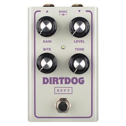 Top-down view of the Revv Dirt Dog pedal showing top-mounted input and output jacks and a compact, pedalboard-friendly metal enclosure.