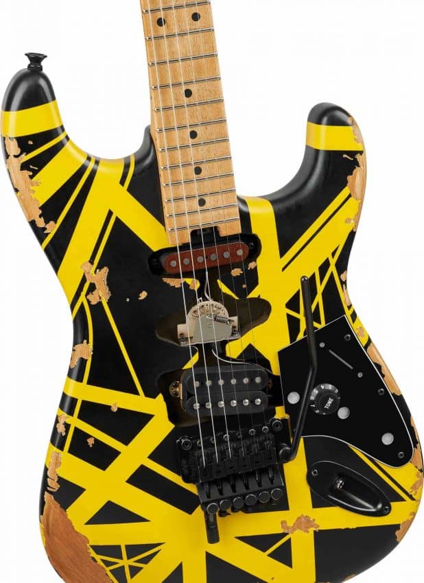 EVH Striped Series Frankenstein Frankie Electric Guitar in Aged Black and Yellow Stripes with distressed hardware.