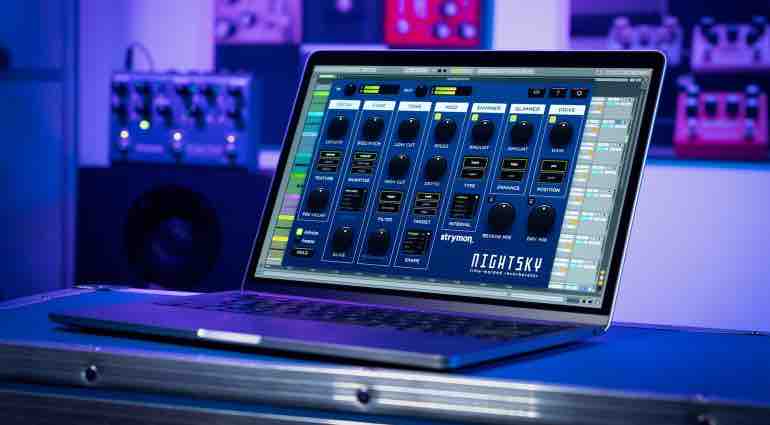 A sleek digital interface of the Strymon NightSky reverb plugin layered over a blurred background of a modern music studio, highlighting its boutique hardware-inspired aesthetic