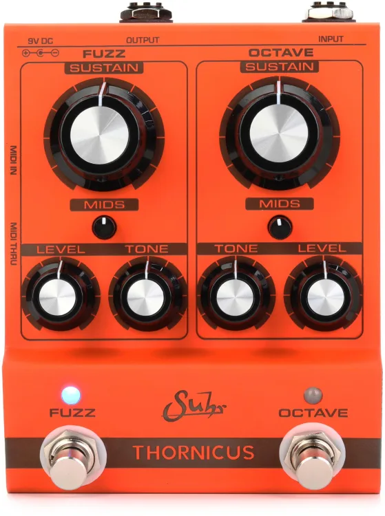 Suhr Thornicus Ian Thornley Signature Fuzz pedal featuring dual-channel controls, silver housing, and independent Fuzz and Octave footswitches.