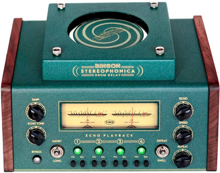A professional-looking, gold-finished T-Rex Binson Stereophonica magnetic drum delay unit featuring a rotating disk, vintage-style knobs, and illuminated signal meters.