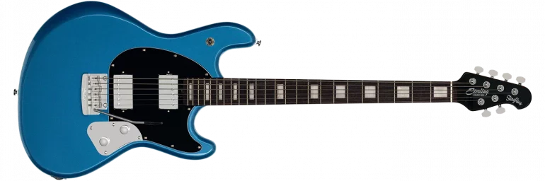 Sterling by Music Man StingRay Baritone electric guitar in Toluca Lake Blue finish featuring a roasted maple neck and black pickguard.