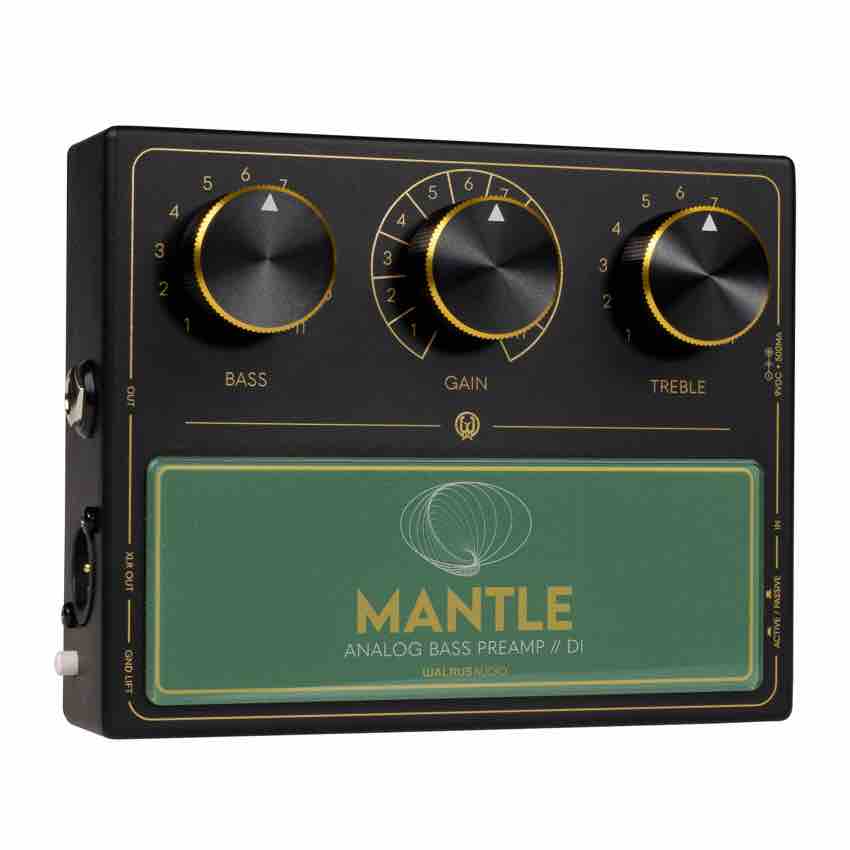 A professional top-down view of the Walrus Audio Mantle Analog Bass Preamp/DI pedal, featuring a sleek metallic enclosure with vintage-style eleven-position rotary switches for Bass and Treble, a central Gain knob, and dedicated switches for Ground Lift and Active/Passive modes.