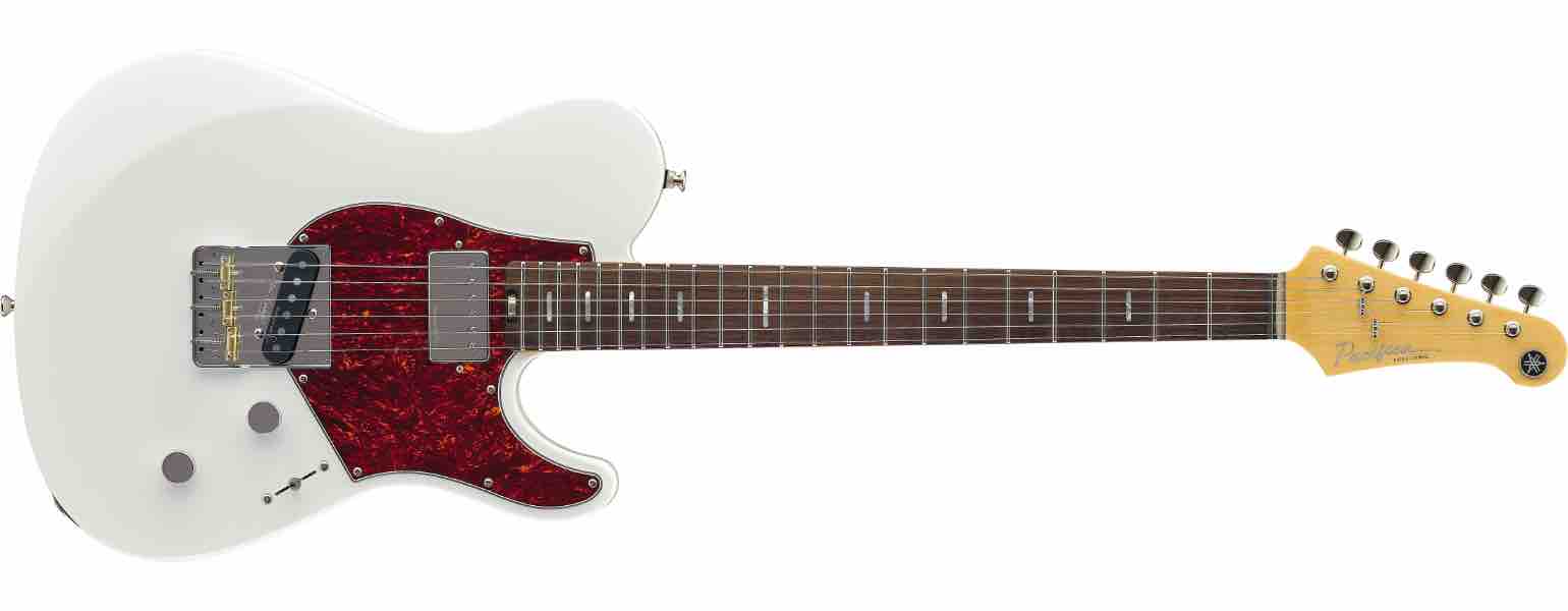 Close-up of the Yamaha Reflectone pickups co-developed with Rupert Neve Designs, showing the single-coil bridge and humbucker neck configuration on a Pacifica SC.