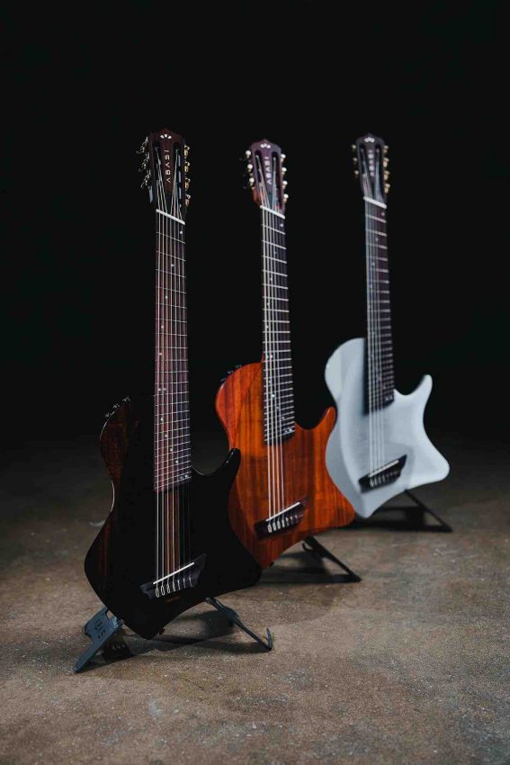 Abasi Concepts and Córdoba Stage 7-string nylon-string electric guitar featuring a chambered mahogany body with a solid spruce top in Ziricote, Acacia, and Whiteburst