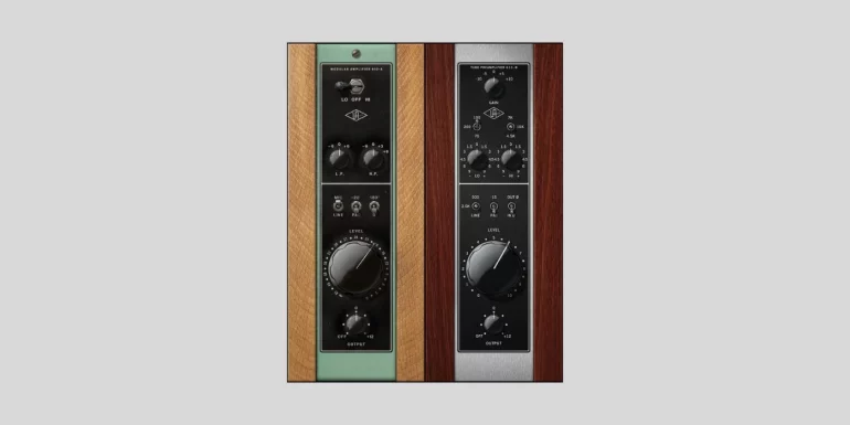 A high-resolution interface preview of the Universal Audio 610-A and 610-B Tube Preamp and EQ plugins, showing the iconic vintage green faceplates, rotary knobs, and vacuum tube hardware styling for macOS and Windows.