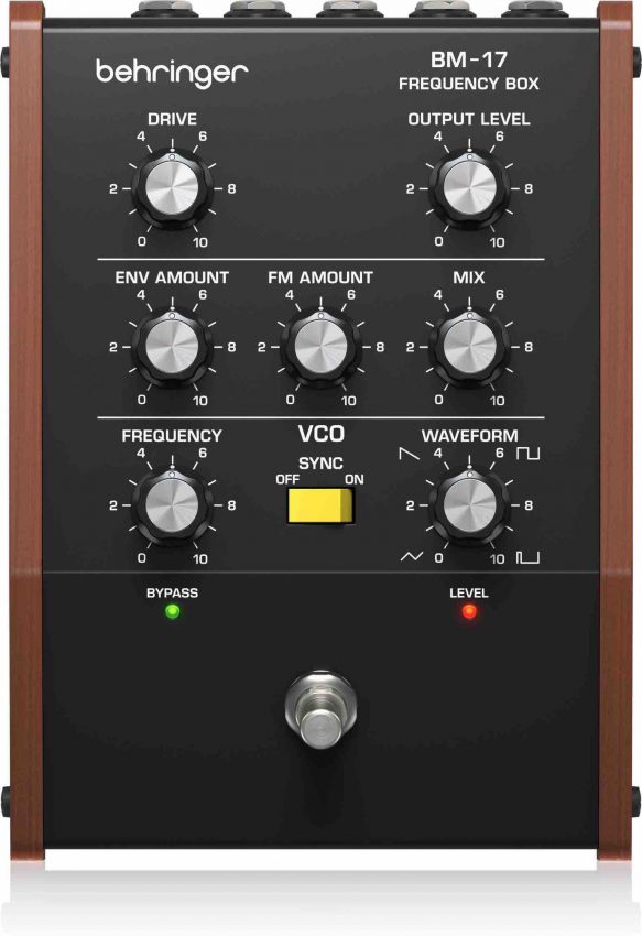 Behringer BM-17 Frequency Box analogue effects pedal showing control knobs for Drive, Blend, and Envelope with Range switch and rugged metal enclosure.