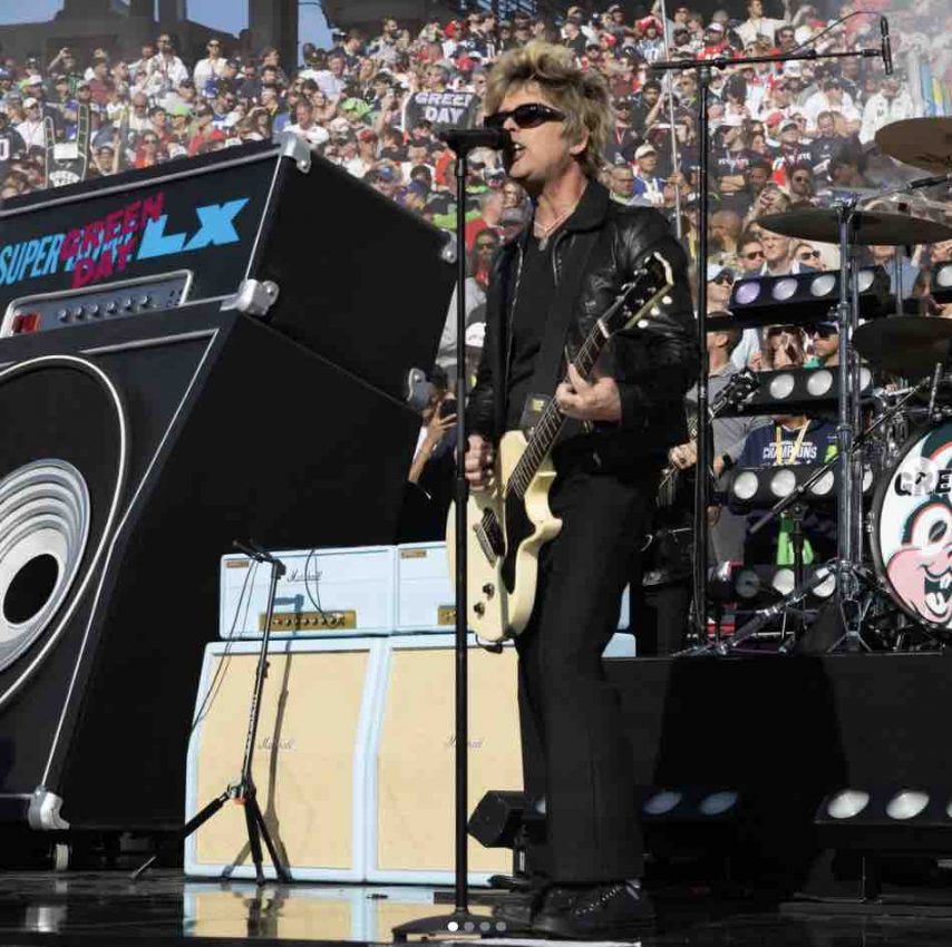 Billie Joe Armstrong performing with Green Day at Super Bowl LX, featuring a mysterious new pale blue Marshall amplifier and cabinet on stage.