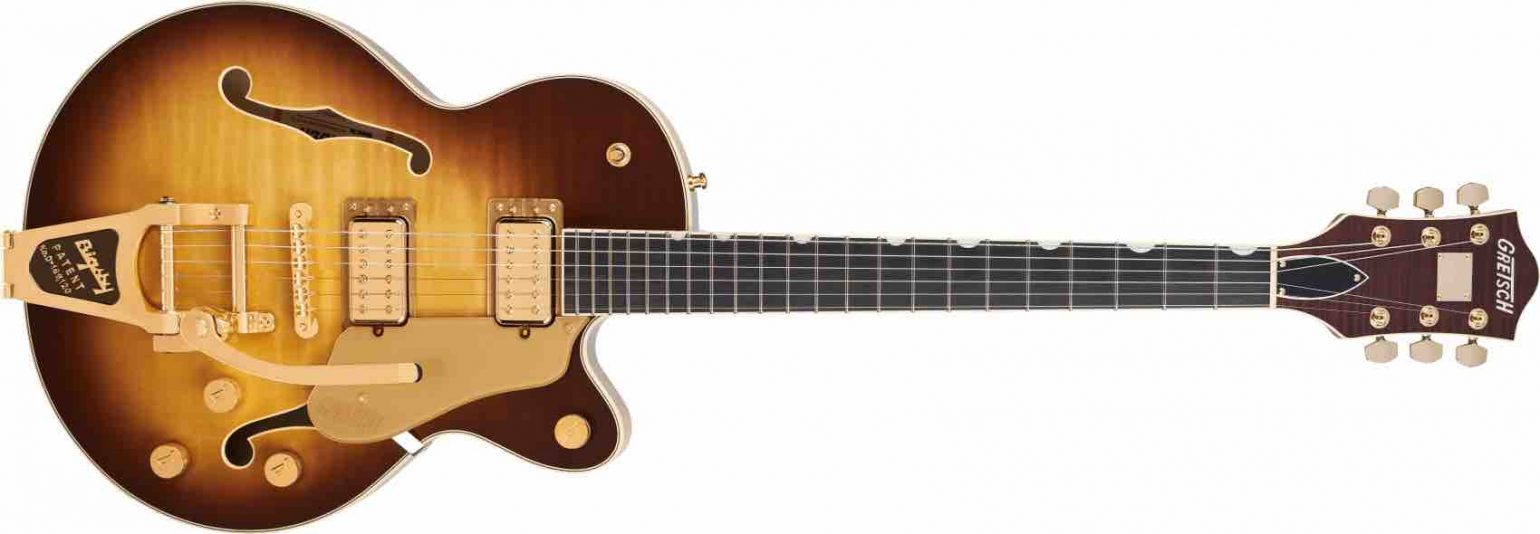 Gretsch Broadkaster Jr. LX Center Block guitar in Caramel Dawn finish featuring a single-cutaway flame maple body.