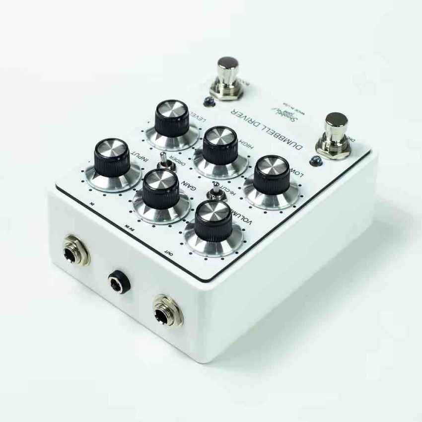 Limited edition white Shnobel Tone Dumbbell Driver pedal featuring retro knobs and 6-knob control layout.