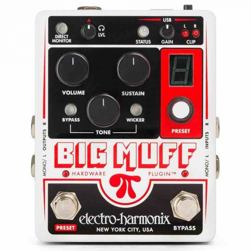 Electro-Harmonix Big Muff Pi Hardware Plugin and USB audio interface showing control knobs and footswitches.