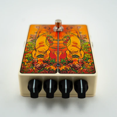 Top-down view of the Red Witch Galvinium overdrive pedal, featuring control knobs for Overdrive, Presence, Body, and Output.