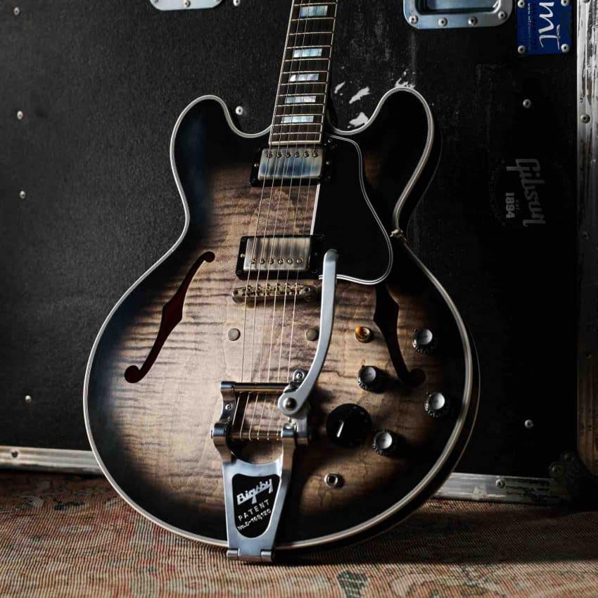 Gary Clark Jr. Signature ES-355 showing VOS Cobra Burst finish, gold Top Hat knobs, and black Varitone chicken head switch.