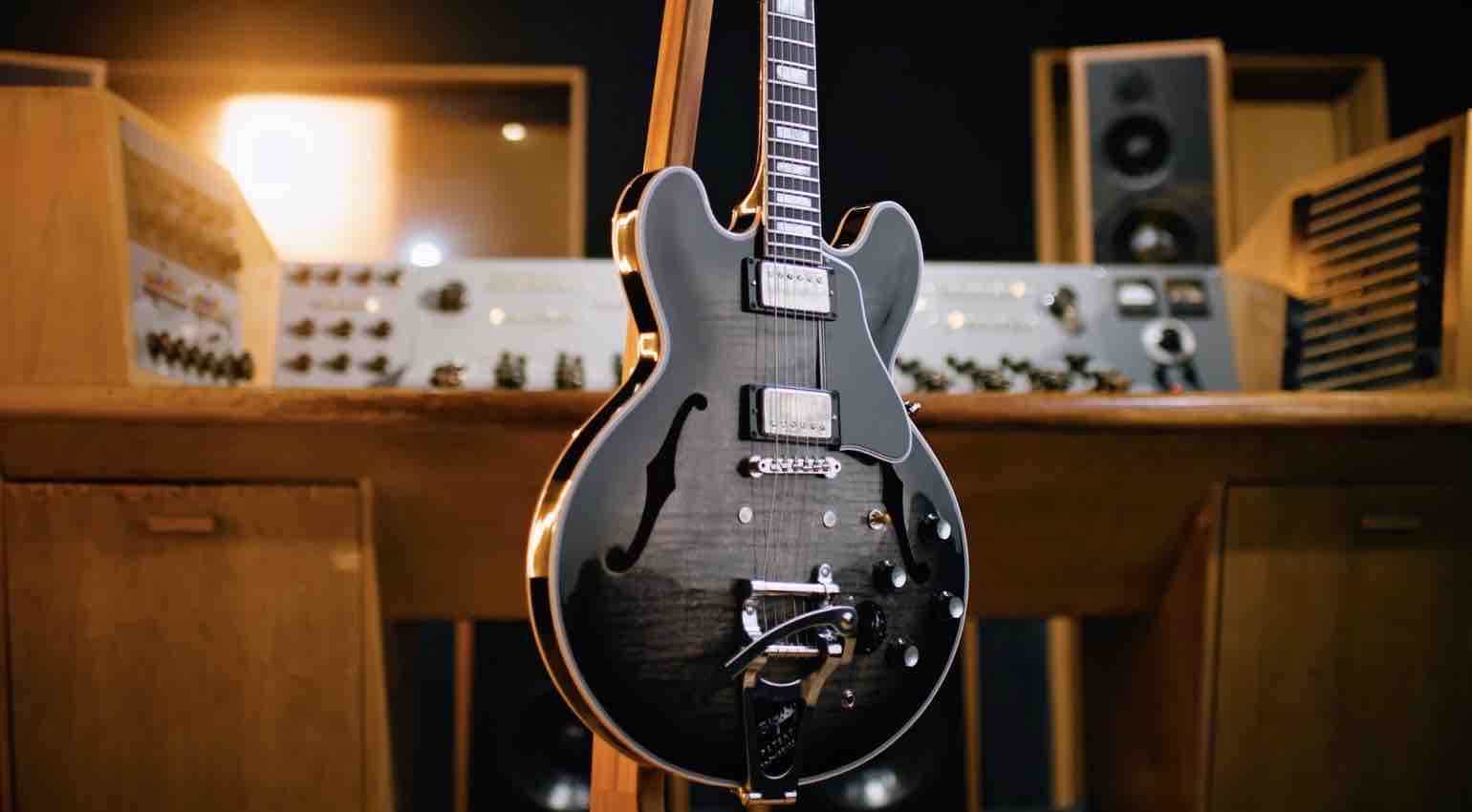 Gary Clark Jr. Signature ES-355 showing VOS Cobra Burst finish, gold Top Hat knobs, and black Varitone chicken head switch.