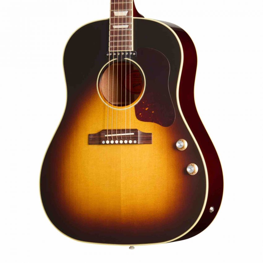 Gibson J-160E Original acoustic-electric guitar in Sunburst finish, featuring a P-90 pickup, trapezoid inlays, and Sitka spruce top, inspired by the 1960s Beatles-era model.
