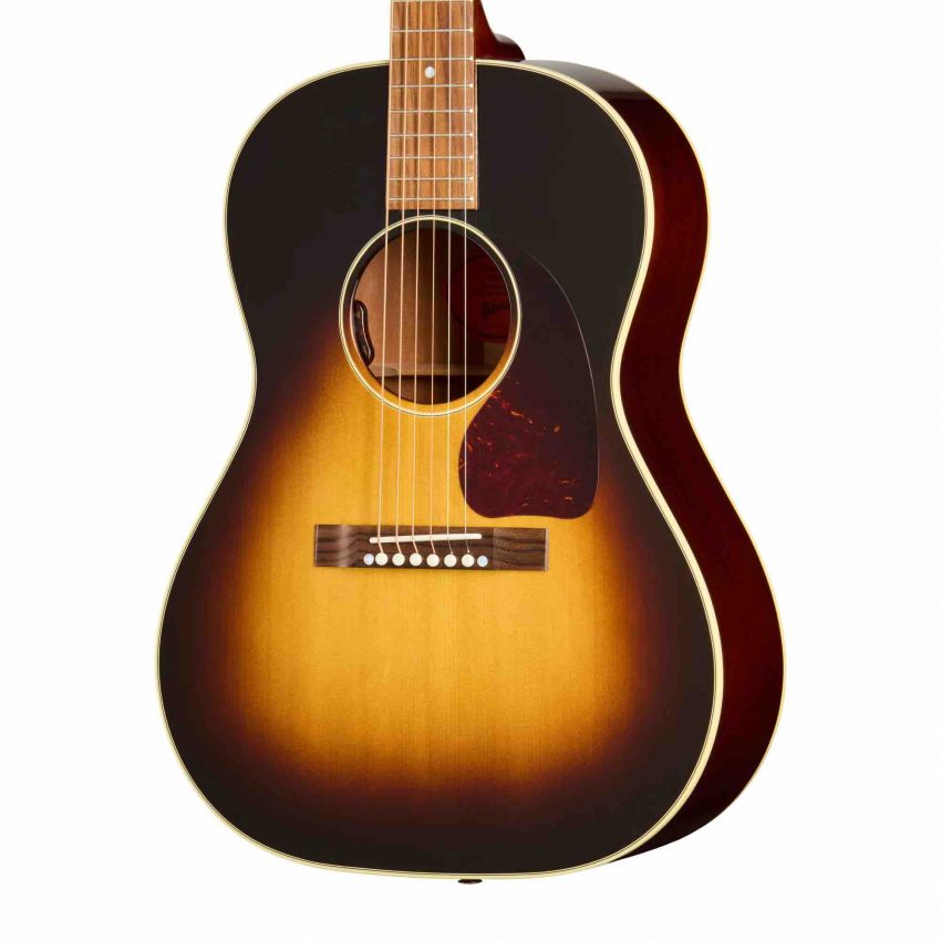 Gibson LG-2 50s Original small-body acoustic guitar in Vintage Sunburst, featuring a rounded neck profile, mahogany body, and vintage-style tuners for folk and blues players.