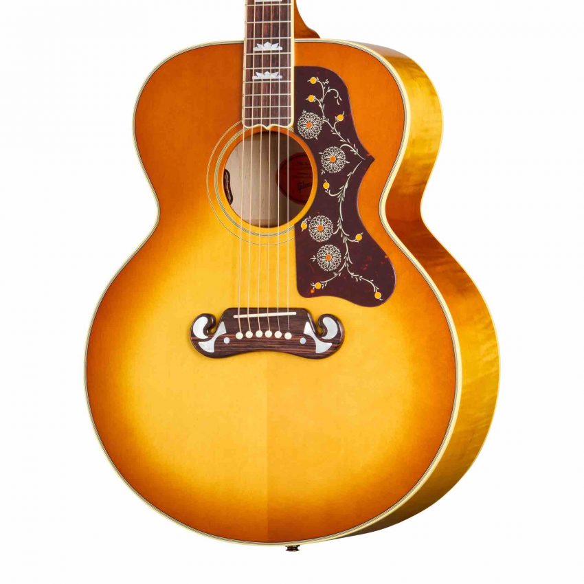 Gibson SJ-200 60s Original "King of the Flat-Tops" guitar with AAA figured maple back and sides, vintage-style floral pickguard, and mustache bridge in a heritage cherry sunburst.