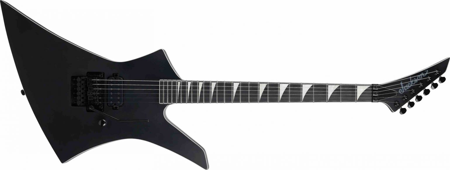 Limited Edition Jackson Pro Plus Pure Metal Stealth Kelly KE1A electric guitar showing the iconic offset body shape with a black-out aesthetic and ebony fretboard.