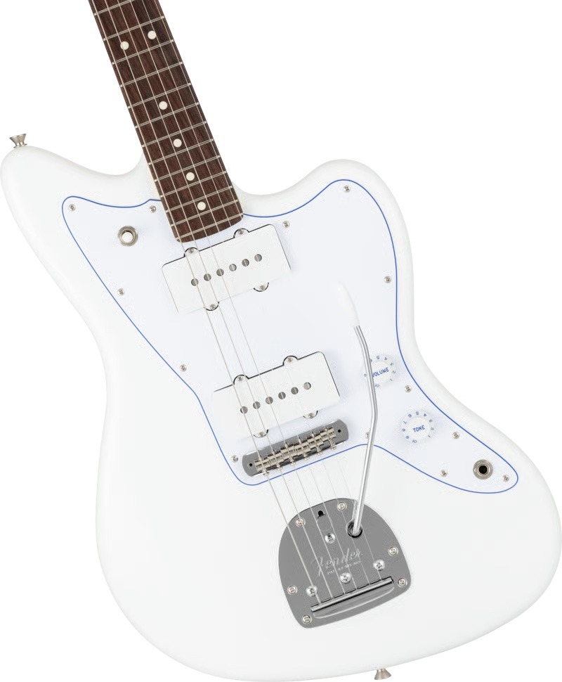 Close-up of the Fender MIJ Hybrid II Jazzmaster body showing the custom single-coil pickups and unique 3-ply white/blue/white pickguard