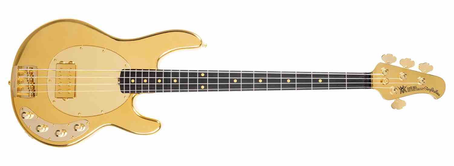 Ernie Ball Music Man 50th Anniversary StingRay bass guitar in limited-edition Liquid Gold finish with a reflective gold pickguard