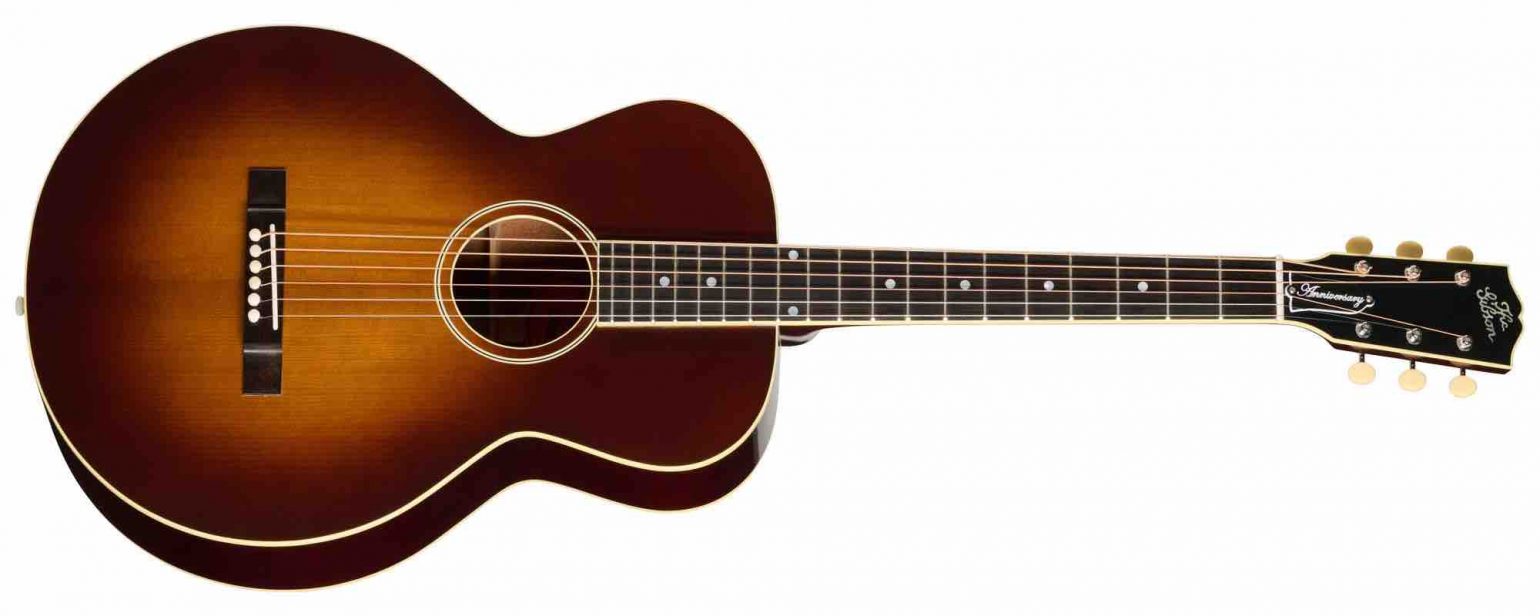 Front view of the Gibson Custom Shop L-1 Anniversary Limited Edition acoustic guitar in Cremona Burst finish, featuring a compact body, 12-fret mahogany neck, and thermally aged red spruce top.