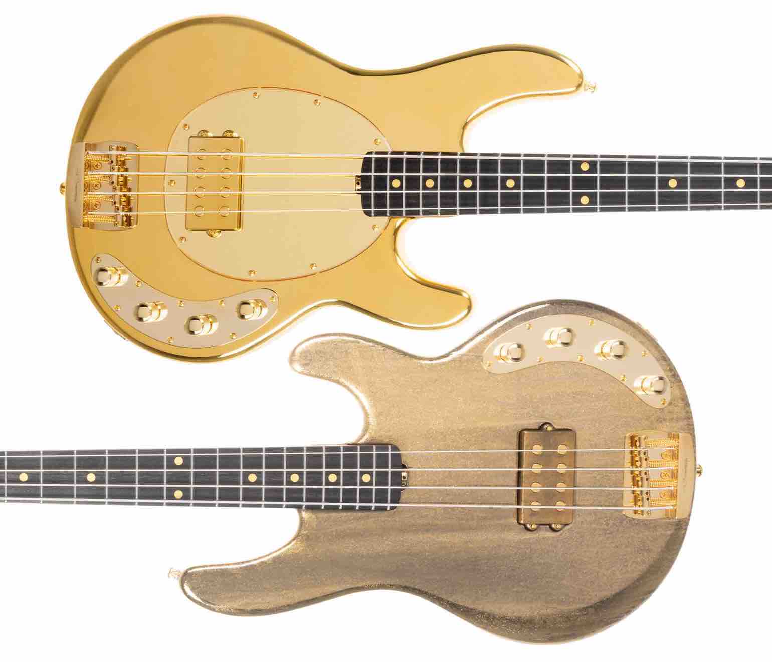 Detailed view of the 50th Anniversary stamped gold-plated bridge and neodymium humbucking pickup on the Music Man StingRay