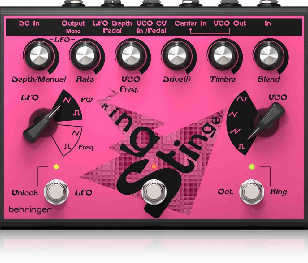 Top-down view of the Behringer Ring Stinger effects pedal, featuring its metallic chassis, multiple control knobs for LFO and VCO, and three footswitches for Octave, Bypass, and LFO.